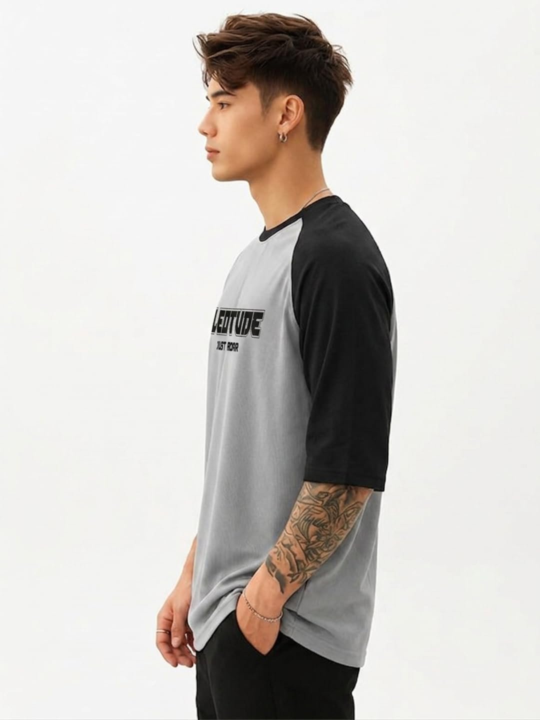 LEOTUDE Men's Half Sleeve Round Neck Cottonblend Font Print Oversized Tshirt (FS33_Raglan_P_Grey)