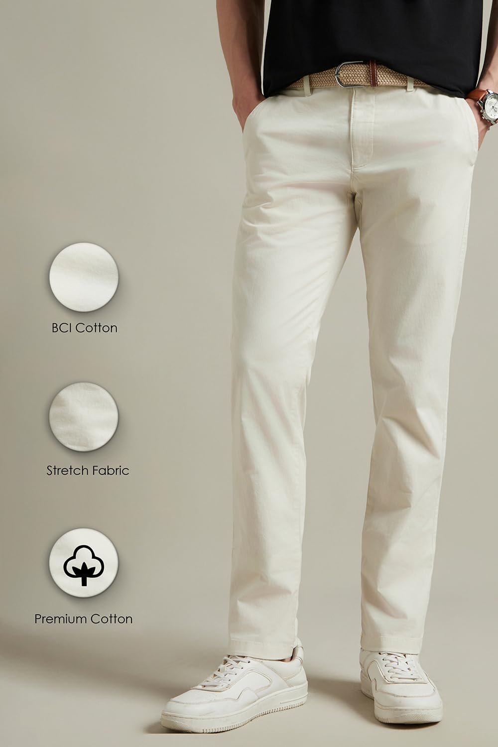 Louis Philippe Men's Slim Pants (LYTFCSLPR38083_Cream, Mid Rise