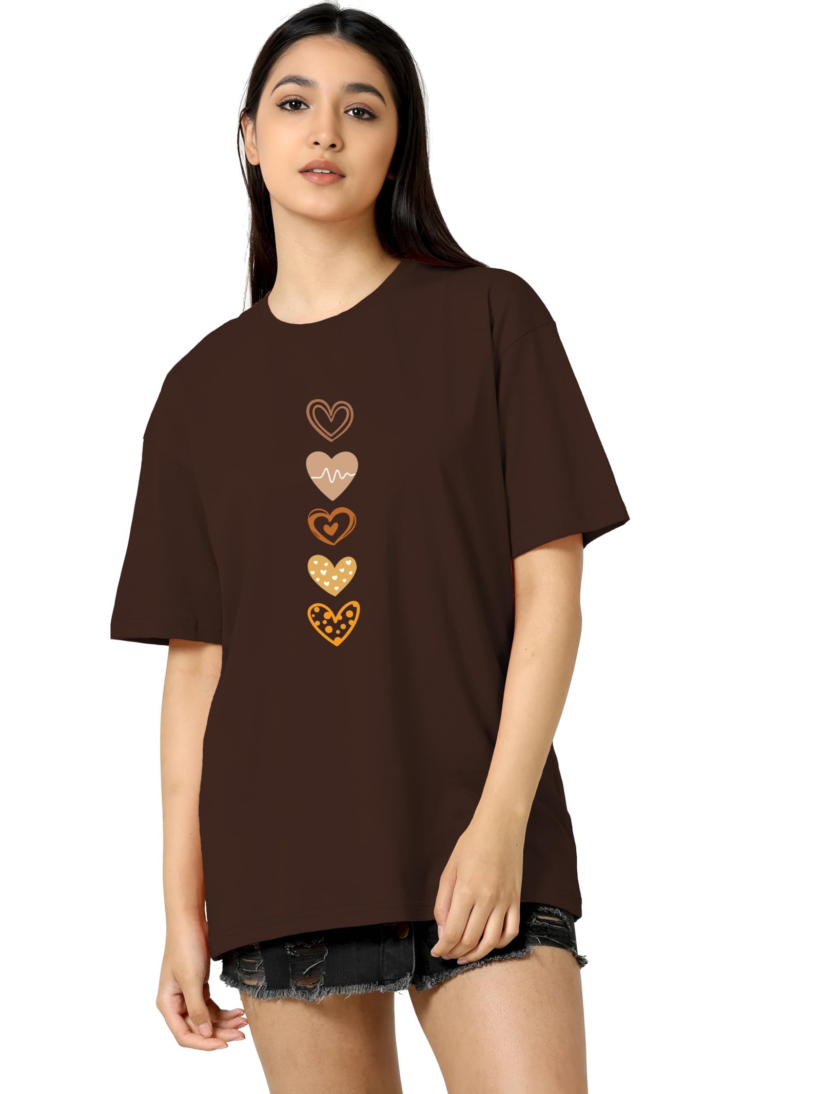 TQH Round Neck Drop Shoulder Brown Graphic Printed Cotton Blend Oversized T-Shirt for Women