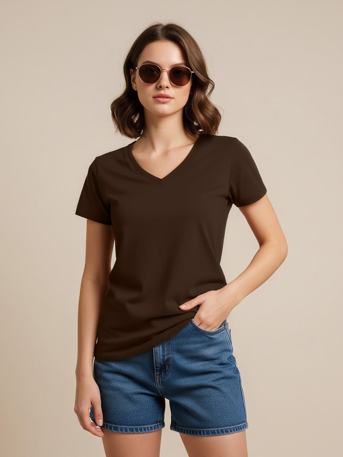 JUNEBERRY Women Solid V Neck Pure Cotton T-Shirt