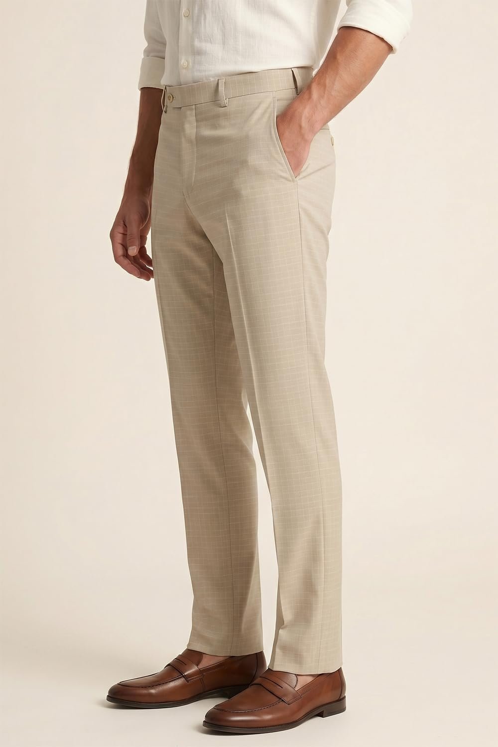 Peter England Men's Textured Everyday Signature Neo-Slim Fit Mid Rise Formal Trouser Khaki