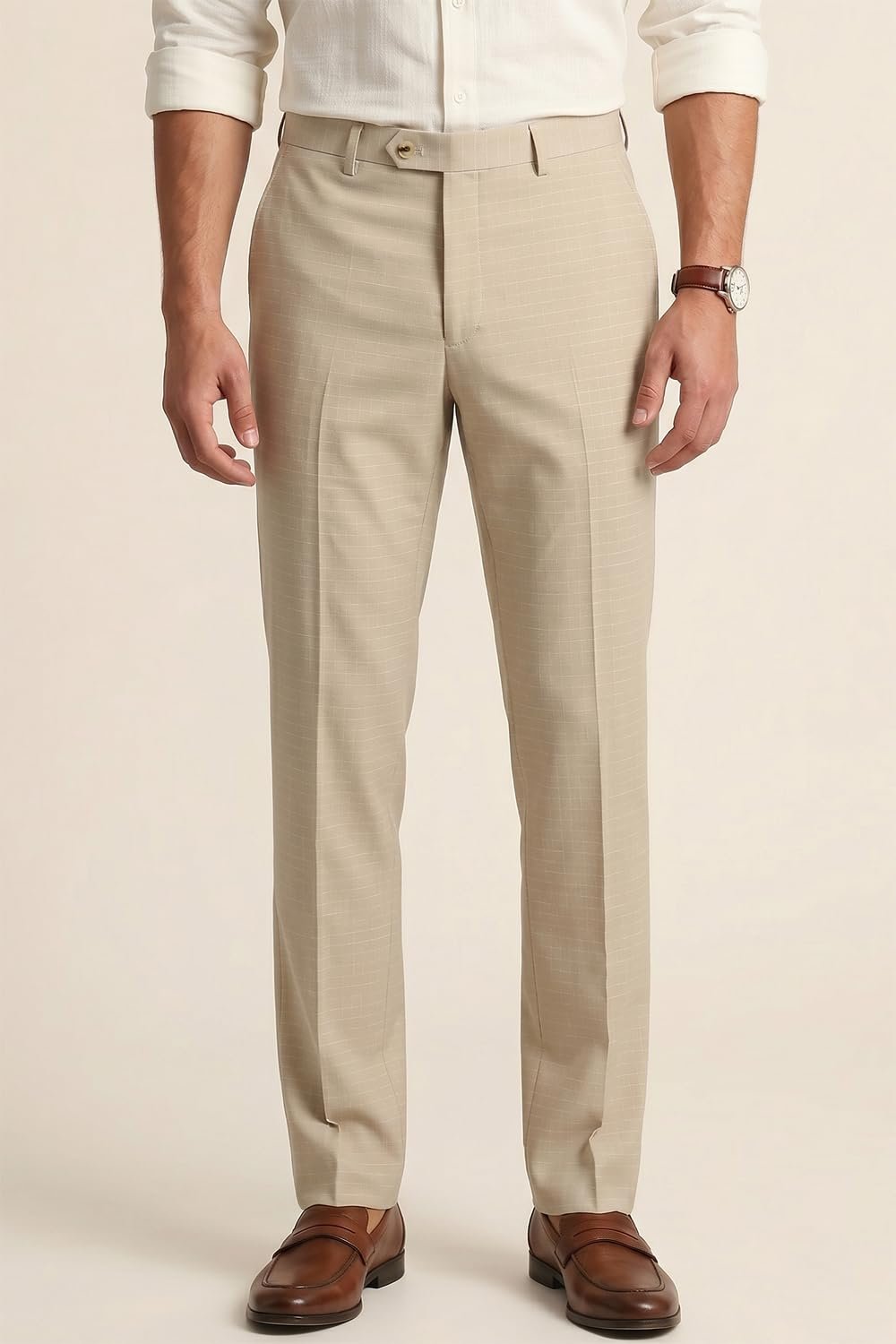 Peter England Men's Textured Everyday Signature Neo-Slim Fit Mid Rise Formal Trouser Khaki