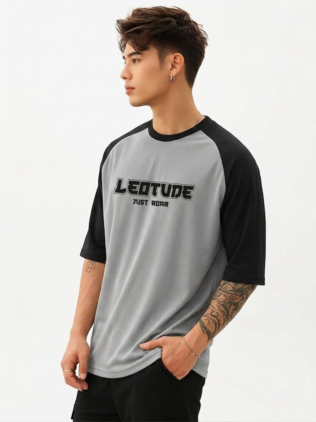 LEOTUDE Men's Half Sleeve Round Neck Cottonblend Font Print Oversized Tshirt (FS33_Raglan_P_Grey)