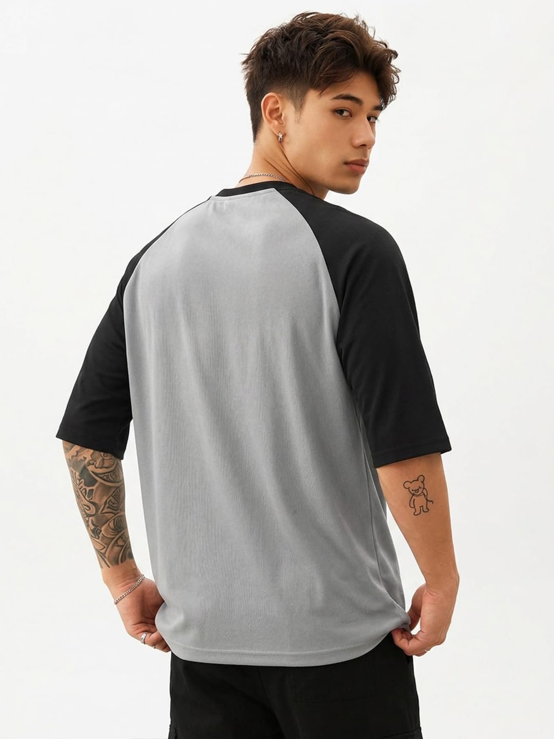 LEOTUDE Men's Half Sleeve Round Neck Cottonblend Font Print Oversized Tshirt (FS33_Raglan_P_Grey)