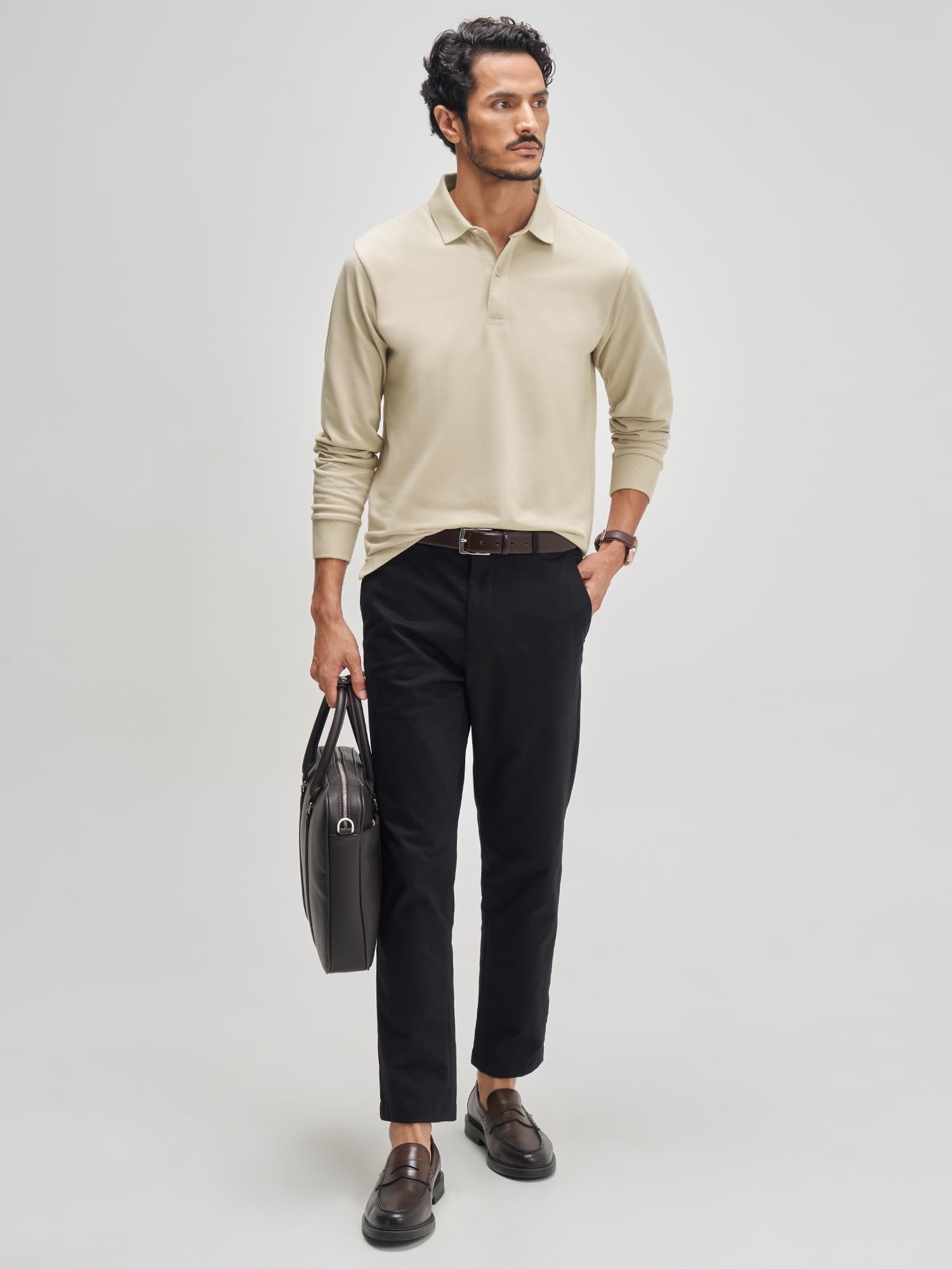 XYXX Men's Solid Cotton Polo T-Shirt | Polo Neck Tshirts | Full Sleeves | Solid-Regular Fit | Irish Beige