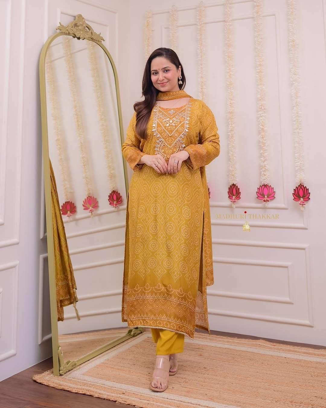 Women's Silk Embroidered Straight Kurti with Pant and Dupatta Set (Yellow)