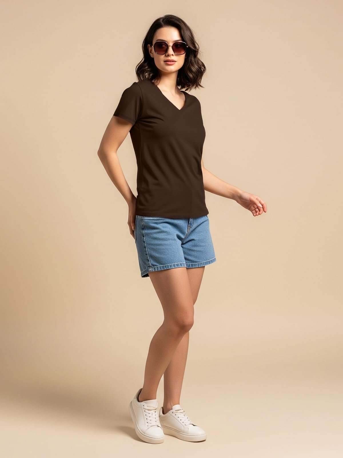 JUNEBERRY Women Solid V Neck Pure Cotton T-Shirt