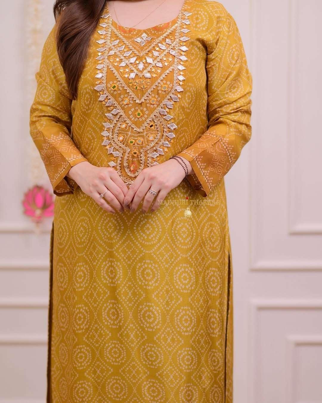 Women's Silk Embroidered Straight Kurti with Pant and Dupatta Set (Yellow)