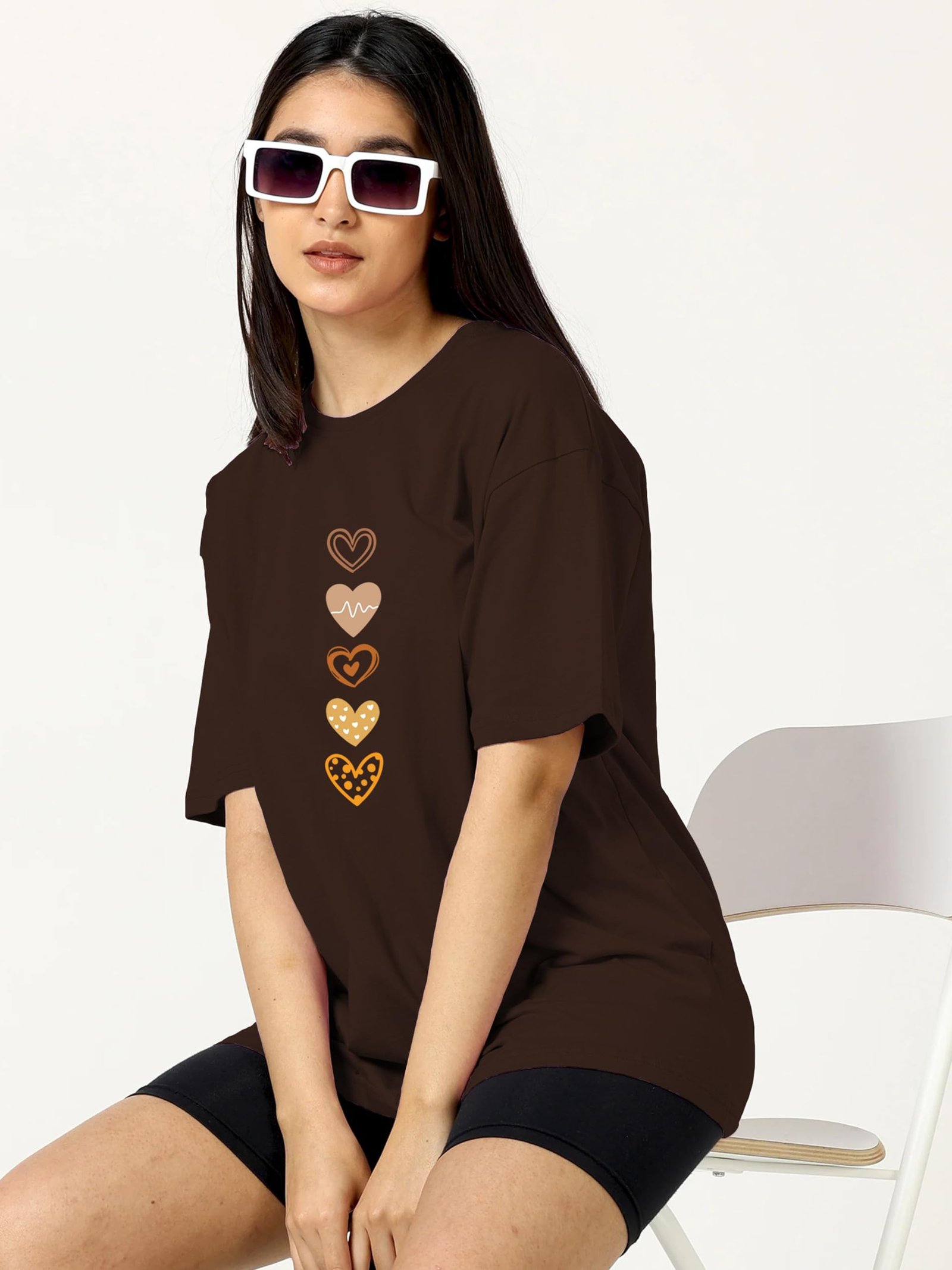 TQH Round Neck Drop Shoulder Brown Graphic Printed Cotton Blend Oversized T-Shirt for Women