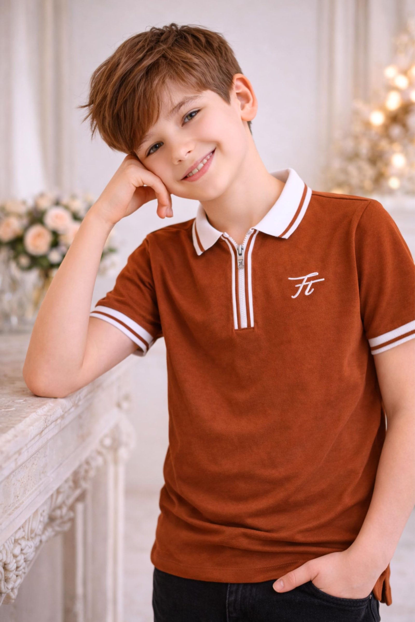 TotzTouch T Shirt for Kids Boys Rusty Brown Color 13-14 Years (Polo Collar Tshirt Zipper Styling Pack of 1)
