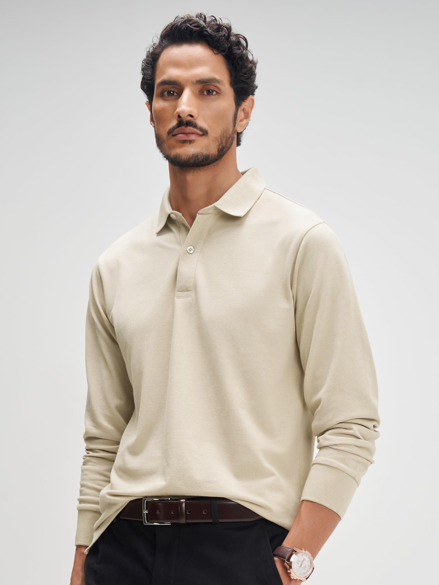 XYXX Men's Solid Cotton Polo T-Shirt | Polo Neck Tshirts | Full Sleeves | Solid-Regular Fit | Irish Beige