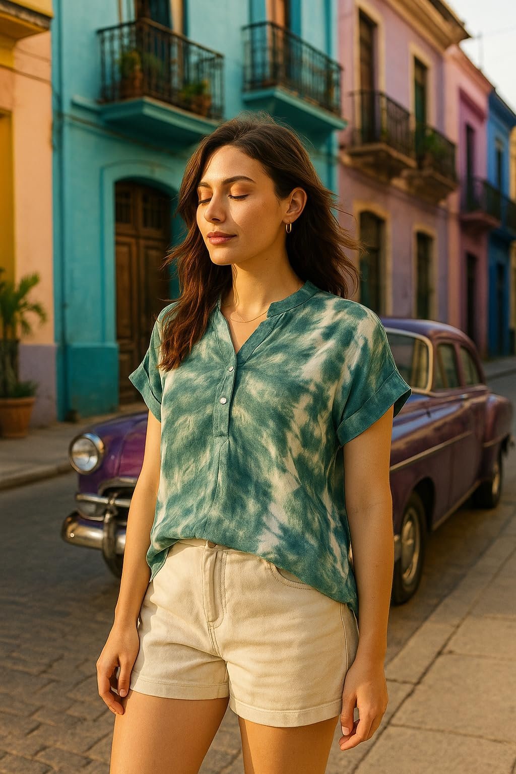 Maaesa Women Green Handcrafted Tie-Dye Rayon Loose Fit Top | Mandarin Collar | Short Sleeves | Lightweight & Breathable Fabric | Casual Wear & Office Wear