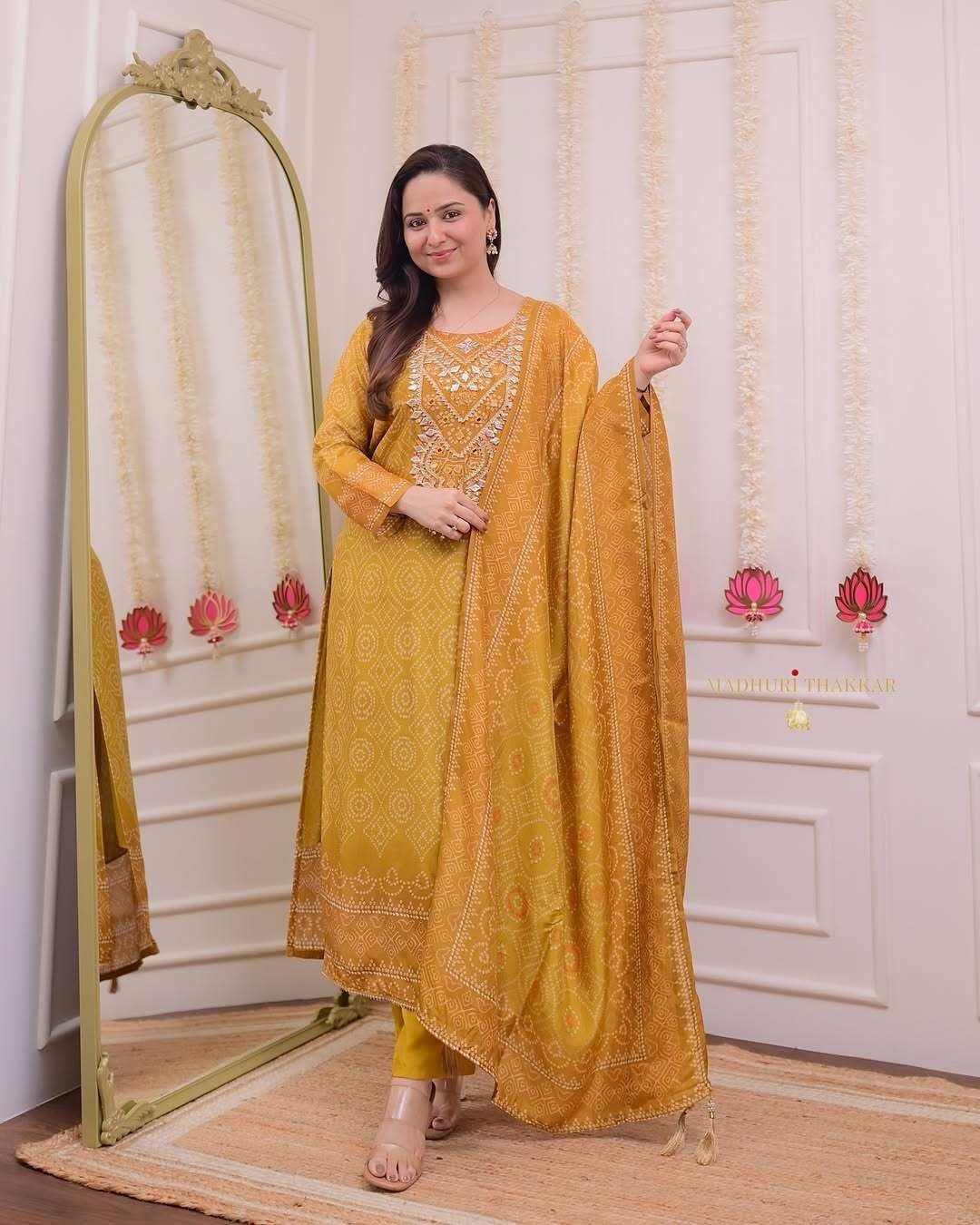 Women's Silk Embroidered Straight Kurti with Pant and Dupatta Set (Yellow)
