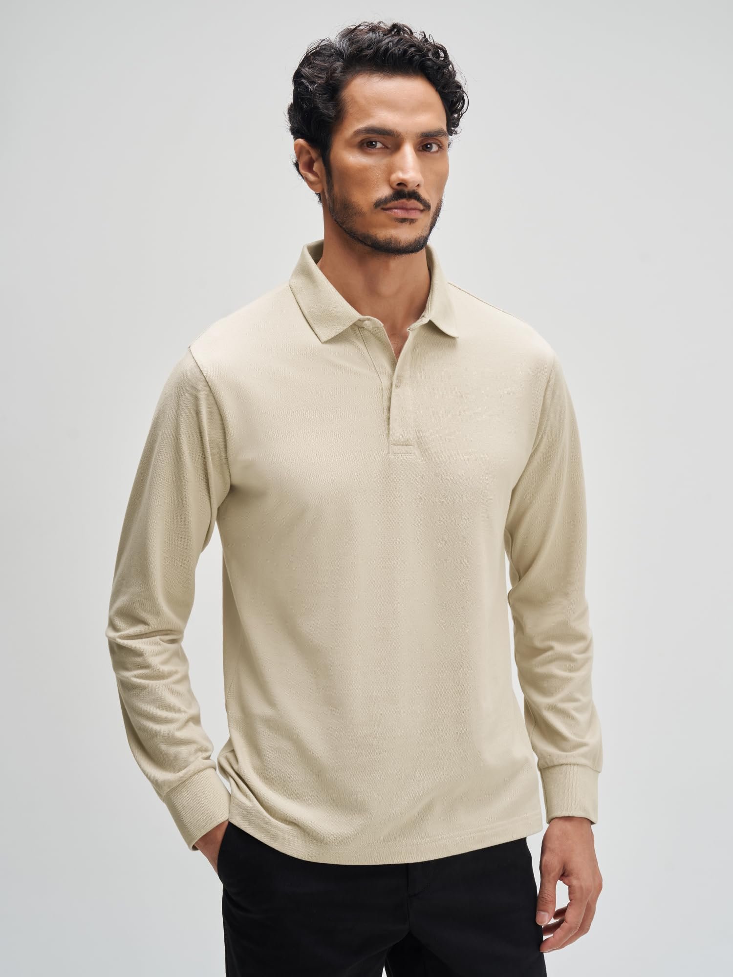 XYXX Men's Solid Cotton Polo T-Shirt | Polo Neck Tshirts | Full Sleeves | Solid-Regular Fit | Irish Beige