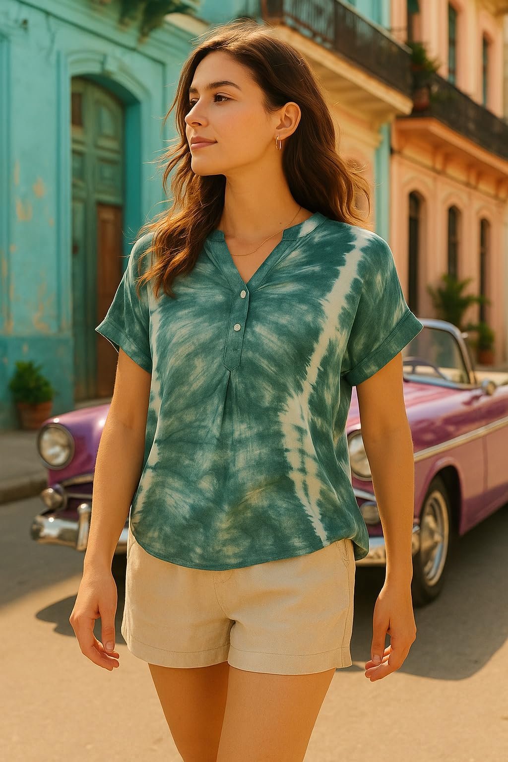 Maaesa Women Green Handcrafted Tie-Dye Rayon Loose Fit Top | Mandarin Collar | Short Sleeves | Lightweight & Breathable Fabric | Casual Wear & Office Wear