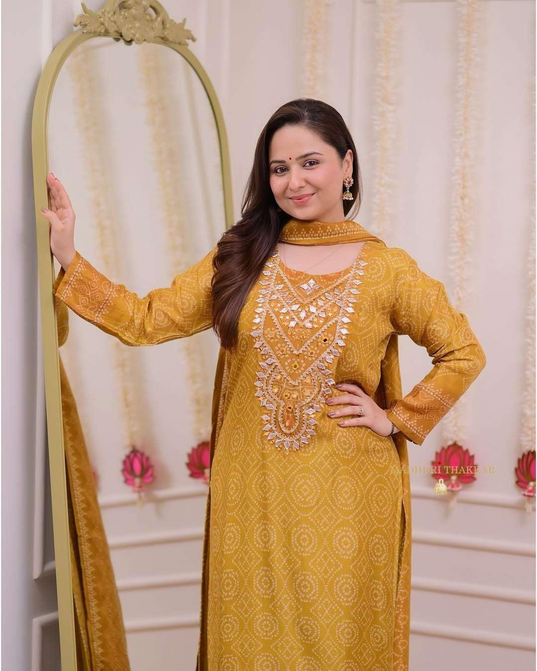 Women's Silk Embroidered Straight Kurti with Pant and Dupatta Set (Yellow)