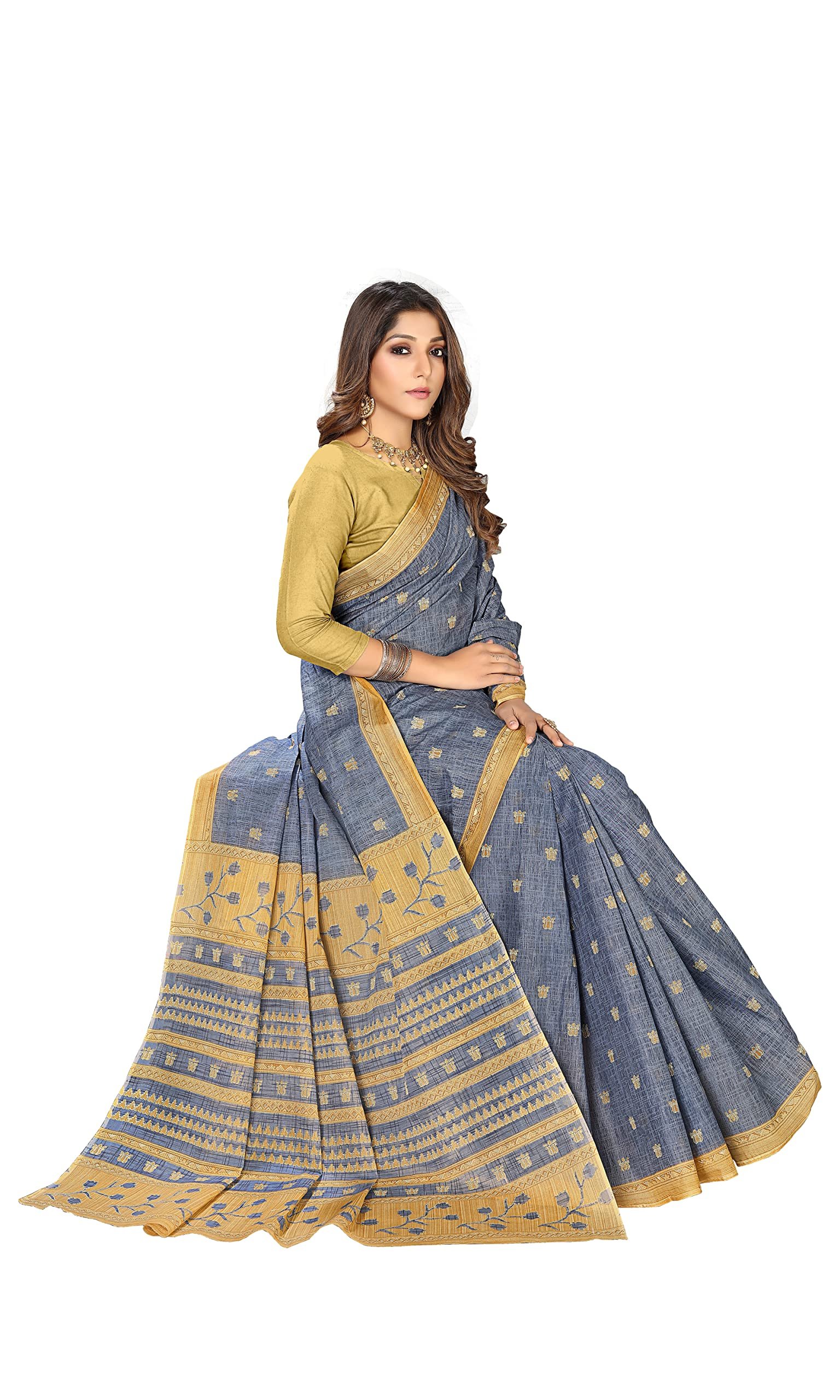 RATAN Women's Woven Cotton Saree Without Blouse Piece (Frsl-29257_Grey)
