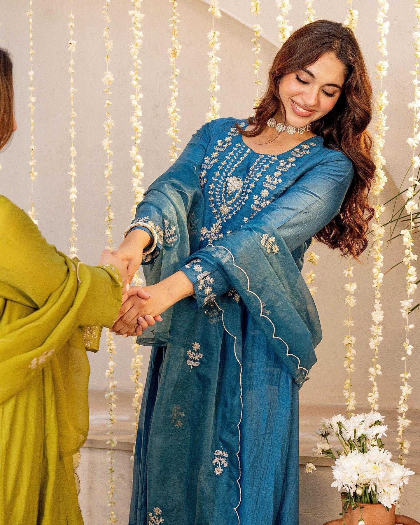 Nermosa Women Embroidery Solid A-Line Kurta and Pant Set with Dupatta (IN, Alpha, Morepeach)