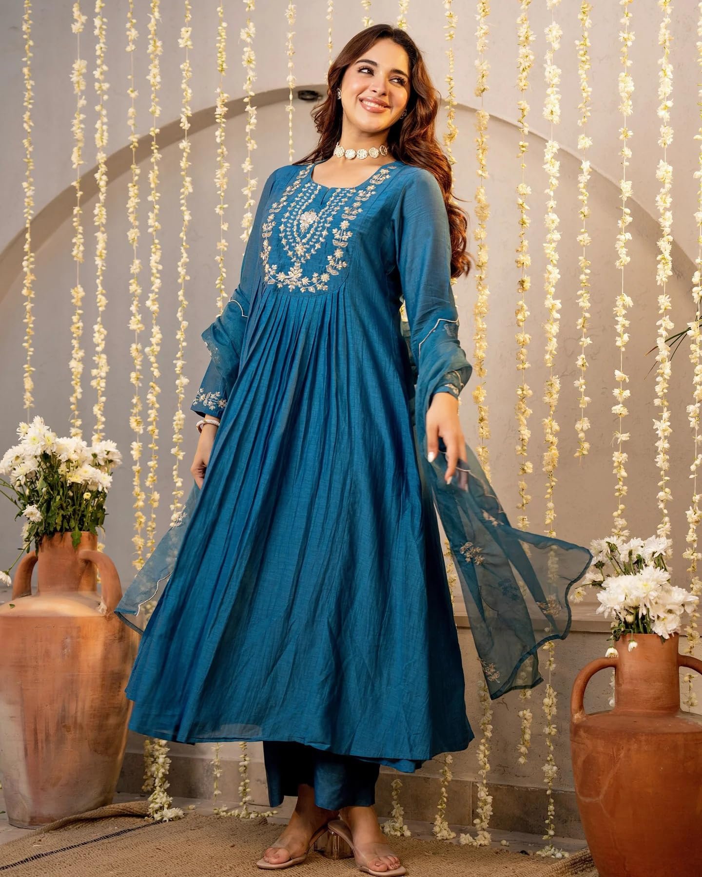 Nermosa Women Embroidery Solid A-Line Kurta and Pant Set with Dupatta (IN, Alpha, Morepeach)