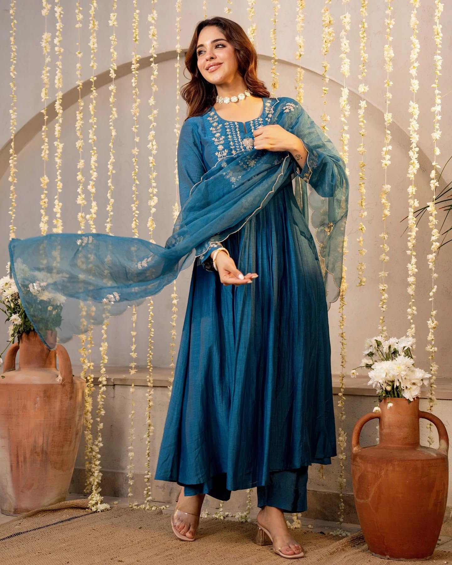 Nermosa Women Embroidery Solid A-Line Kurta and Pant Set with Dupatta (IN, Alpha, Morepeach)