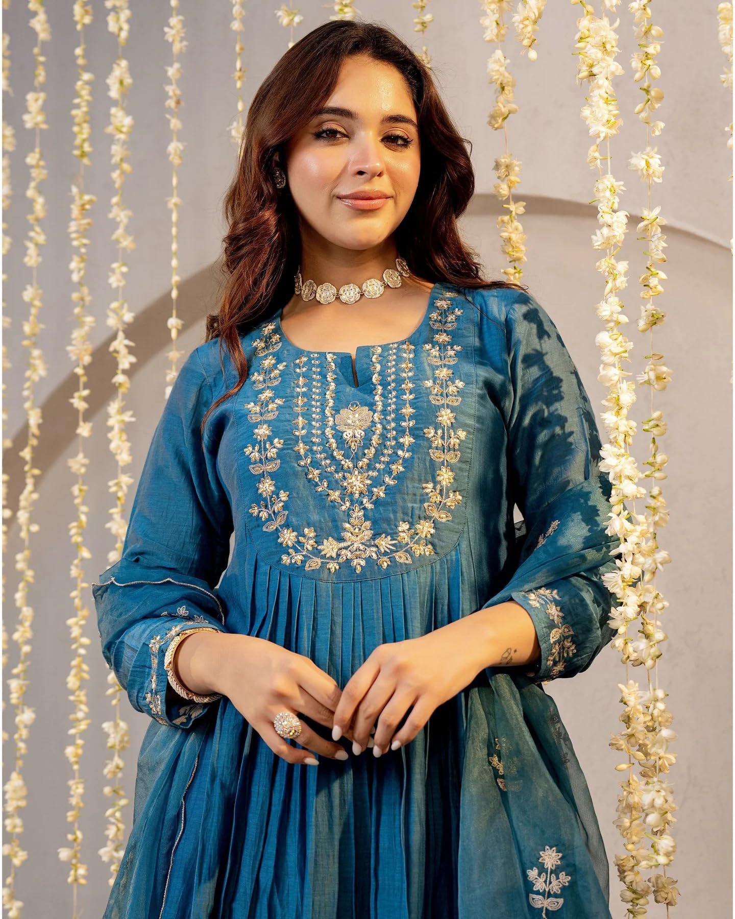 Nermosa Women Embroidery Solid A-Line Kurta and Pant Set with Dupatta (IN, Alpha, Morepeach)