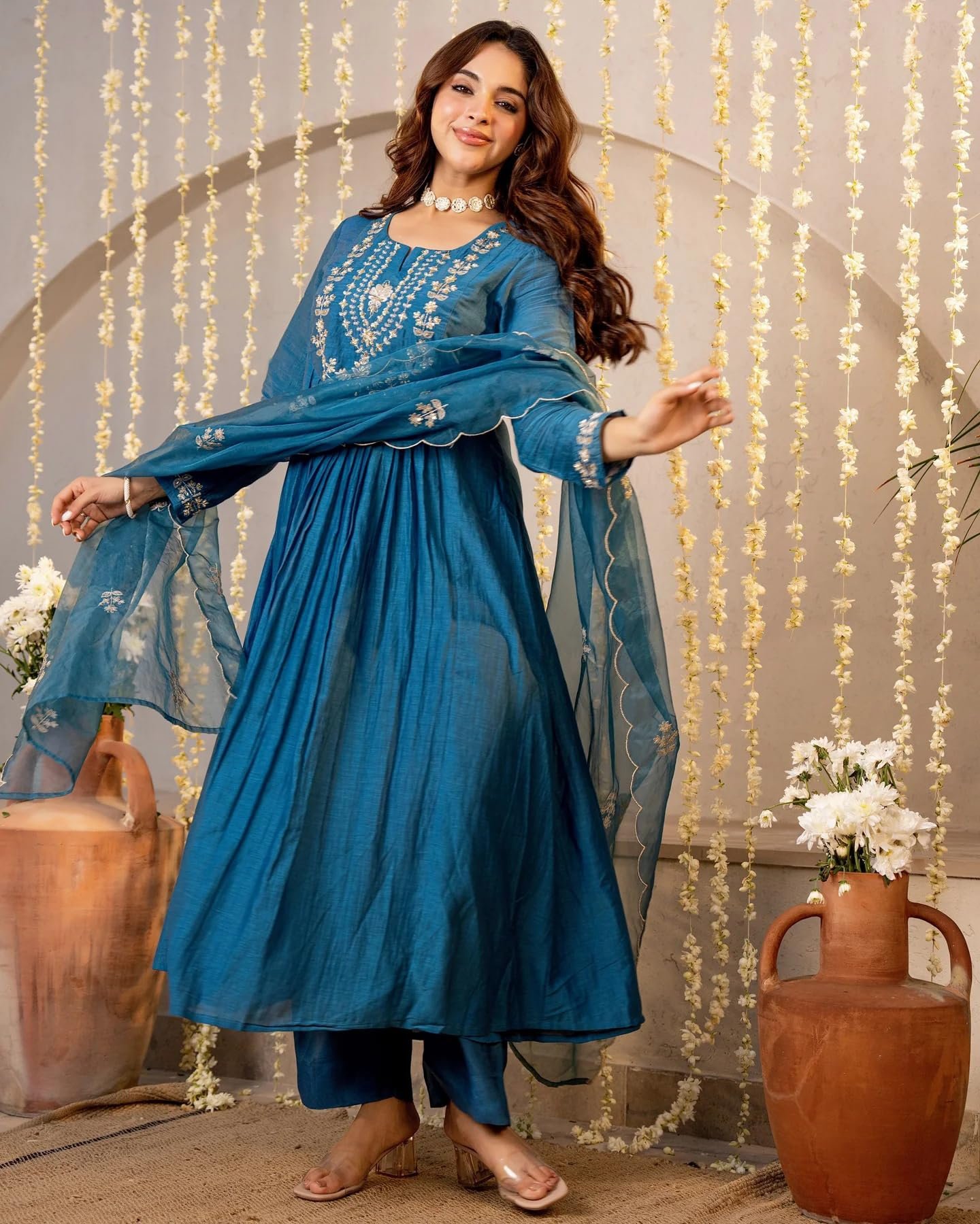 Nermosa Women Embroidery Solid A-Line Kurta and Pant Set with Dupatta (IN, Alpha, Morepeach)