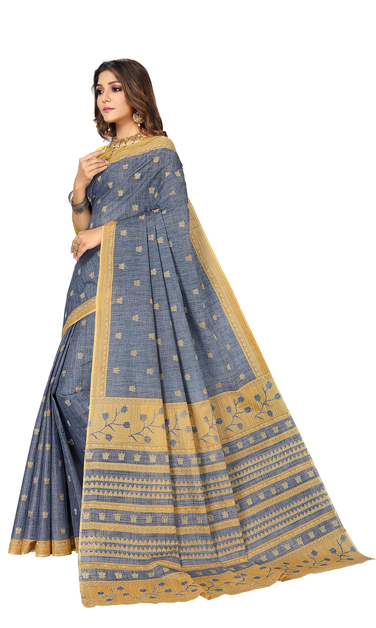 RATAN Women's Woven Cotton Saree Without Blouse Piece (Frsl-29257_Grey)