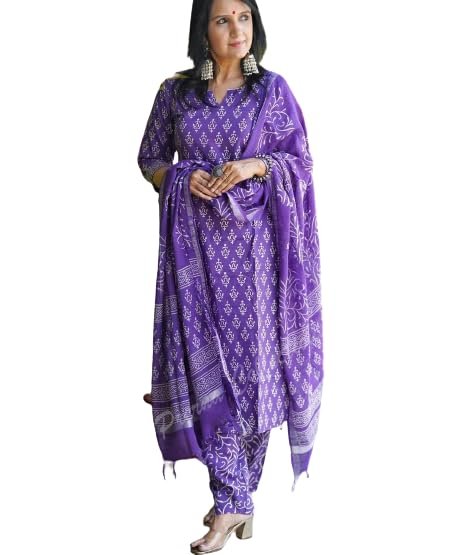 Women's Cotton Printed Straight Kurta With Palazzo & Dupatta Set (Xxx-Large), Purple