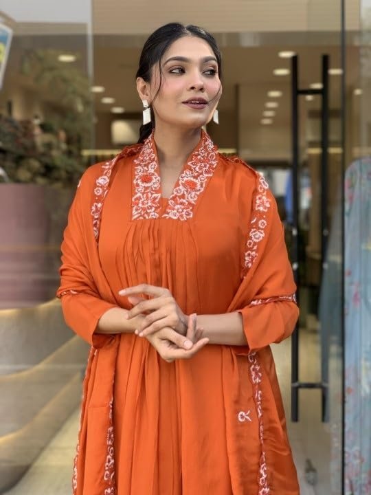 Women Solid Embroidery Kurta and Pant Set with Dupatta (in, Alpha, L, Orange)
