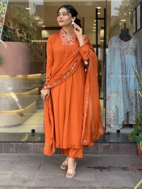 Women Solid Embroidery Kurta and Pant Set with Dupatta (in, Alpha, L, Orange)