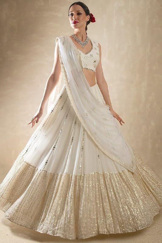 Georgette Girl's Fashion Hub's Off White Color Bridal Semi-Stitched Lehenga Choli With Dupatta Set For Wedding, Party, Evening, Free Size