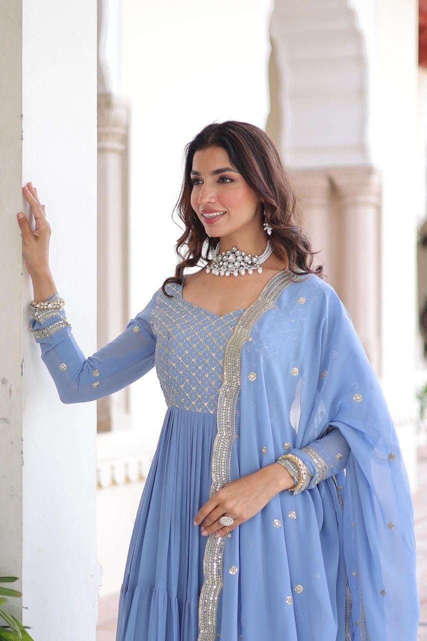 Forteo Fashion Women Traditional Anarkali Dress, Faux Georgette Floor Length Gown with Silver Embroidered Yoke, Gown, (in, Alpha, Regular, Sky)