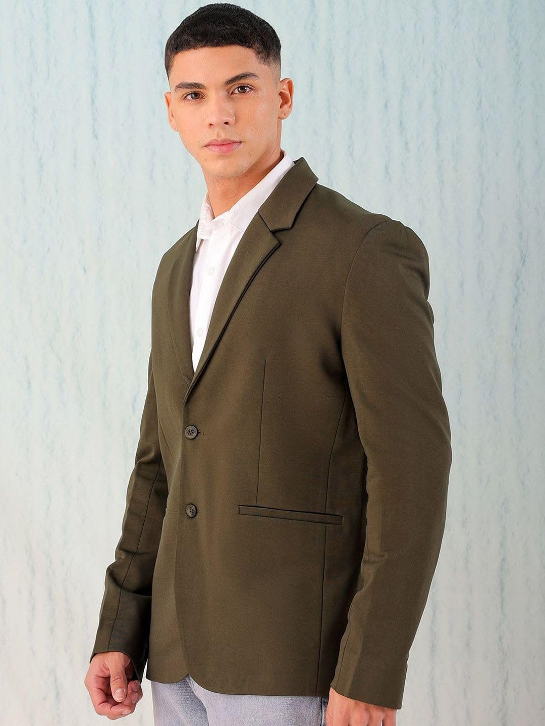 Men Comfort Straight Fit Solid Knitted Blazer (Olive_L)