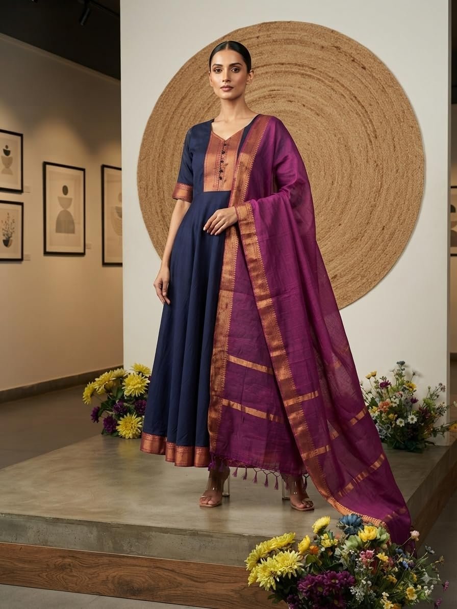 Women's Beautiful Kanchi Cotton with Jacquard Less with Embroidery Gownn & Dupatta Set Anarkali Gown3/4 Sleeve with Less Ethnic Gown and Dupatta Set Gown (in, Alpha, Regular, Women, Blue)