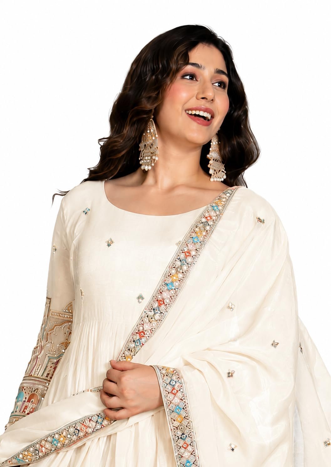 Girl's Fashion Hub's Navy Blue Color Anarkali Gown with Dupatta, Gold Embroidery, Ethnic Wear for Women (in, Alpha, 3XL, Regular, Off White)