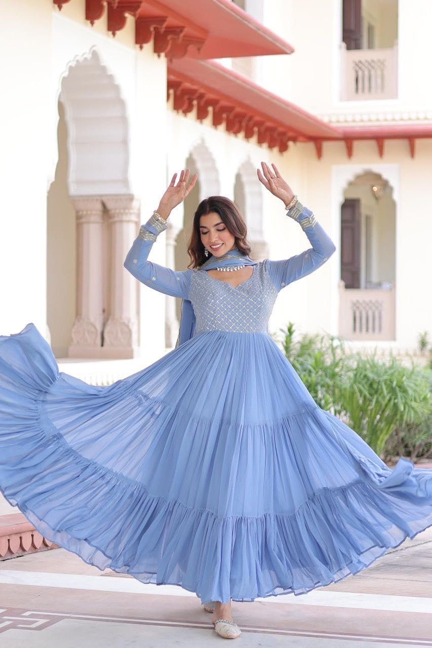 Forteo Fashion Women Traditional Anarkali Dress, Faux Georgette Floor Length Gown with Silver Embroidered Yoke, Gown, (in, Alpha, Regular, Sky)