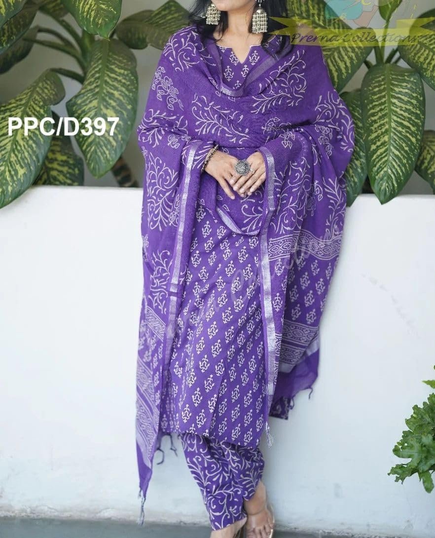 Women's Cotton Printed Straight Kurta With Palazzo & Dupatta Set (Xxx-Large), Purple