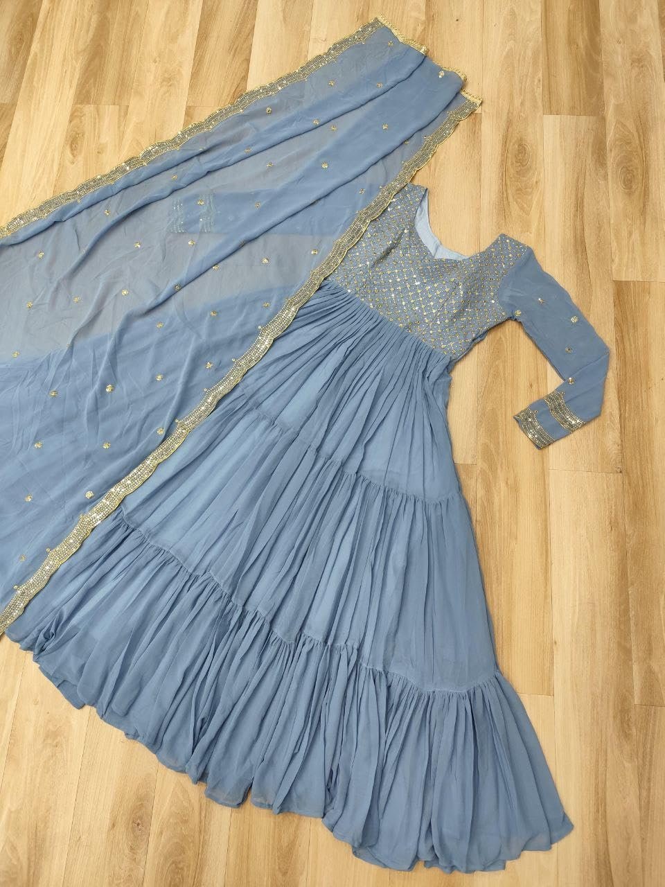 Forteo Fashion Women Traditional Anarkali Dress, Faux Georgette Floor Length Gown with Silver Embroidered Yoke, Gown, (in, Alpha, Regular, Sky)