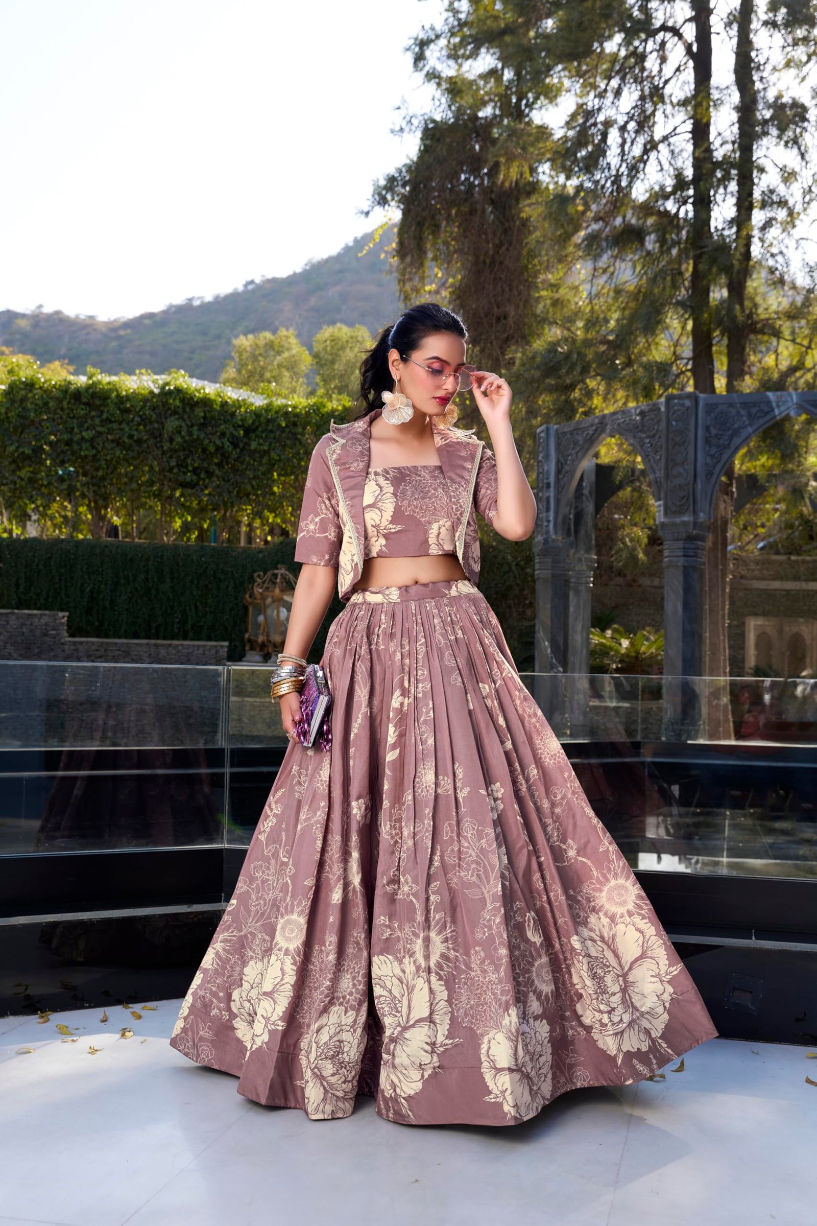 LooknBook Women's Tussar Silk Ready to Wear Stitched Lehenga Choli Set with Heavy Tassels Koti and Foil Printed Floral Pattern