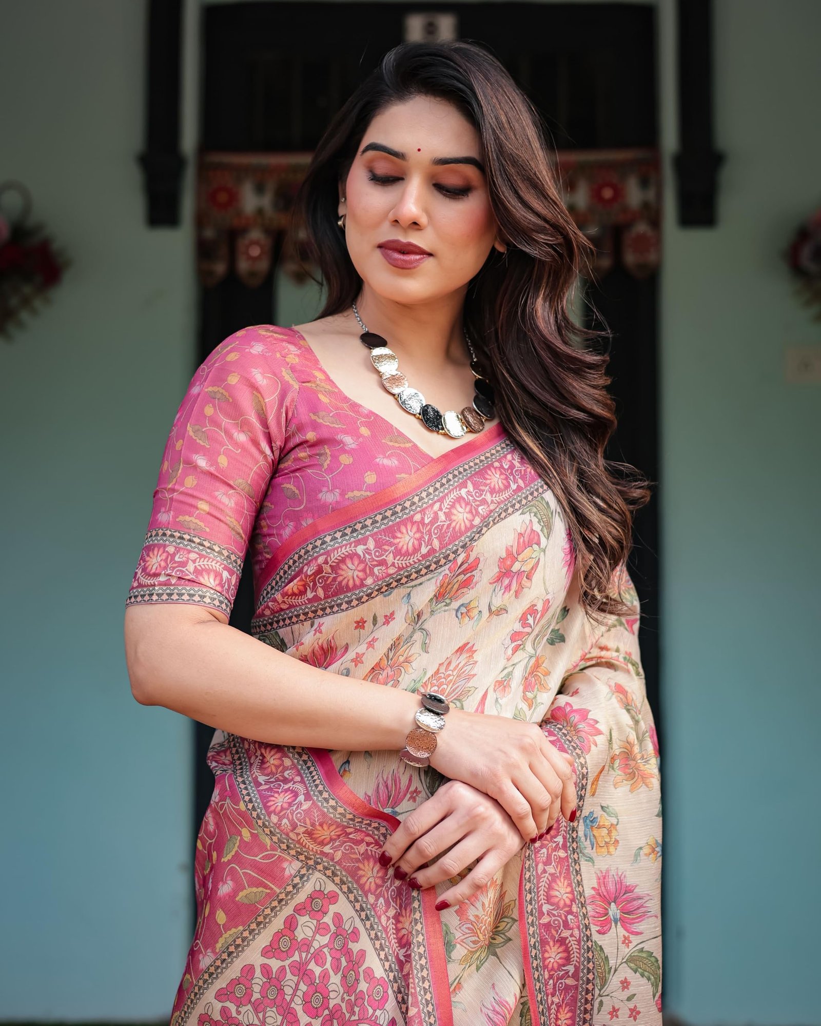 Traditional Cotton Silk Saree for Women with Floral Print, Pink Border, Tassels and Blouse Piece, Designer Saree, 5.5 Metres Off-White