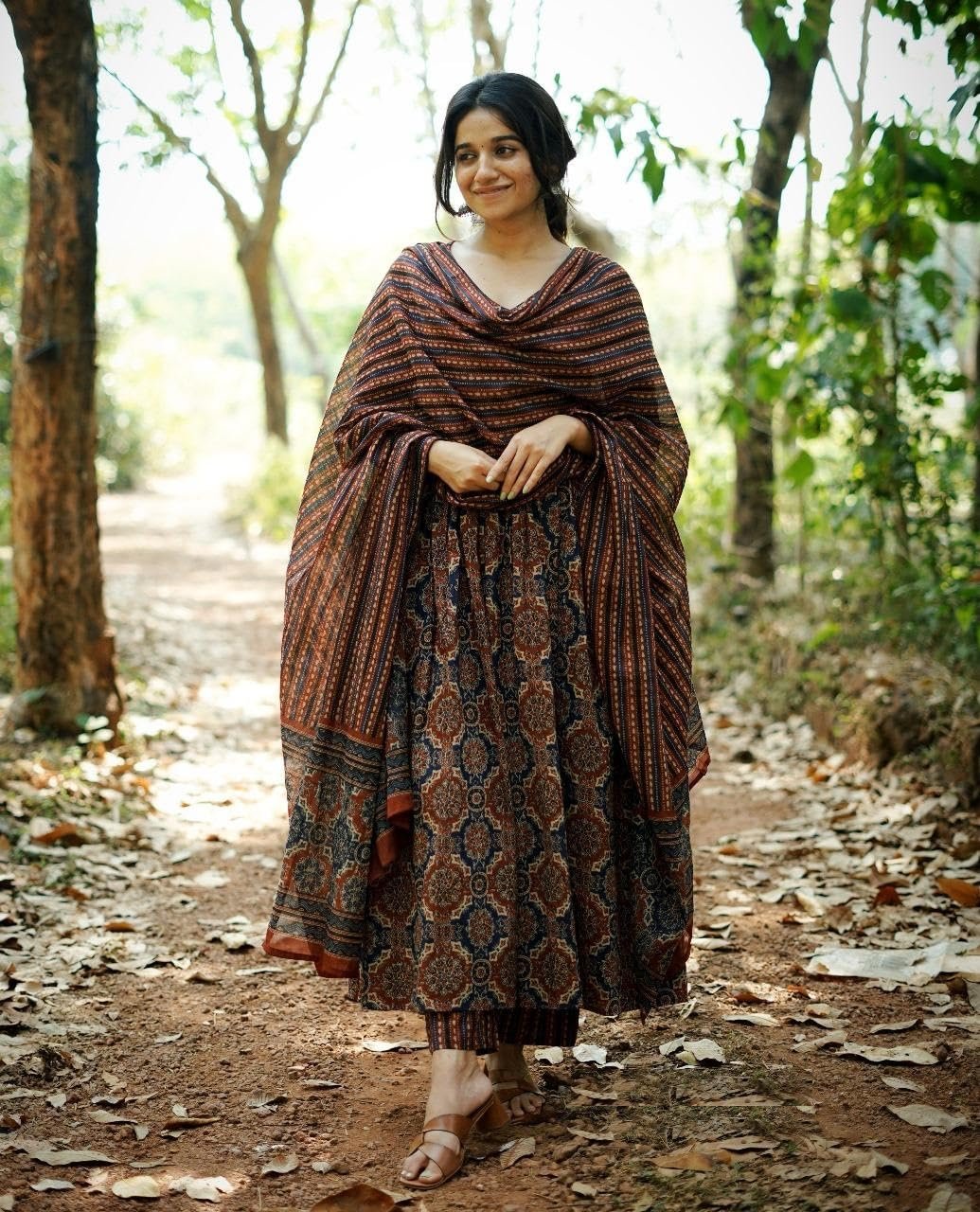 Women Printed Flared A-Line Kurta with Pant and Dupatta Suit Set | Kurta Set | Wedding Suit (Large) Brown