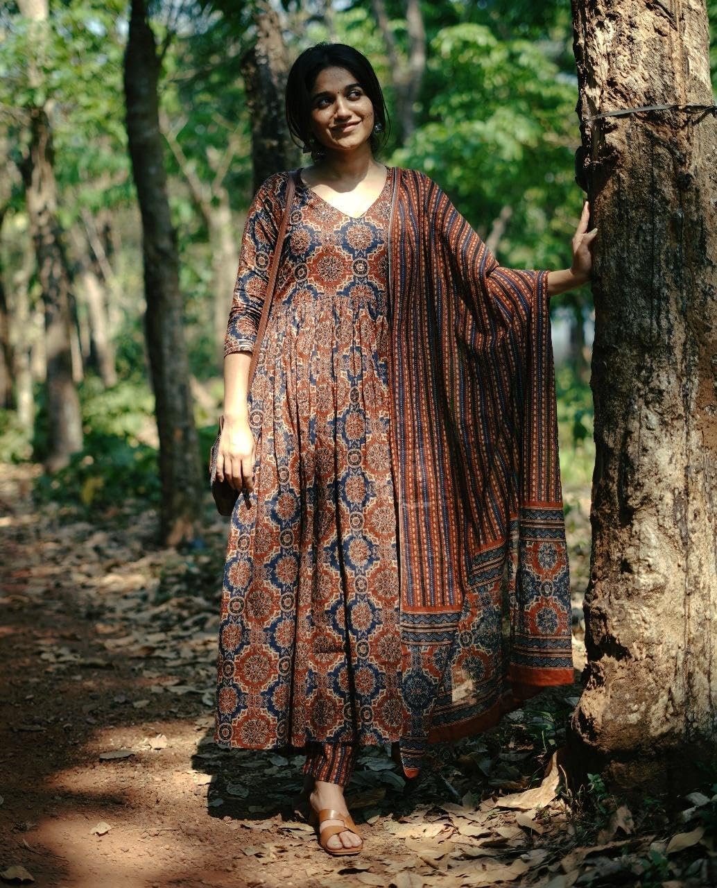Women Printed Flared A-Line Kurta with Pant and Dupatta Suit Set | Kurta Set | Wedding Suit (Large) Brown