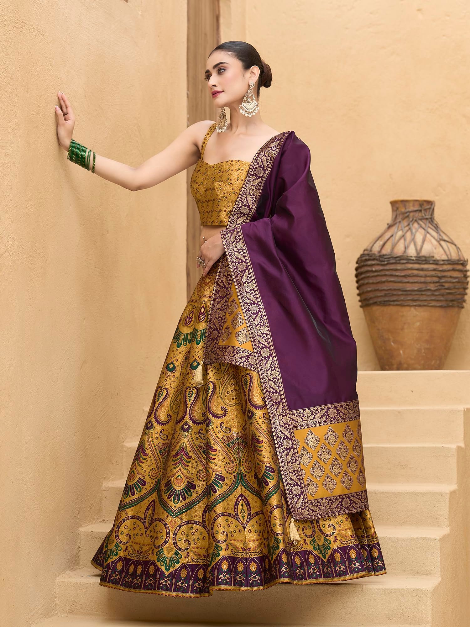 Women's Kanjiwaram Semi-Stitched Lehenga choli (Lazya-Yellow_Free Size)