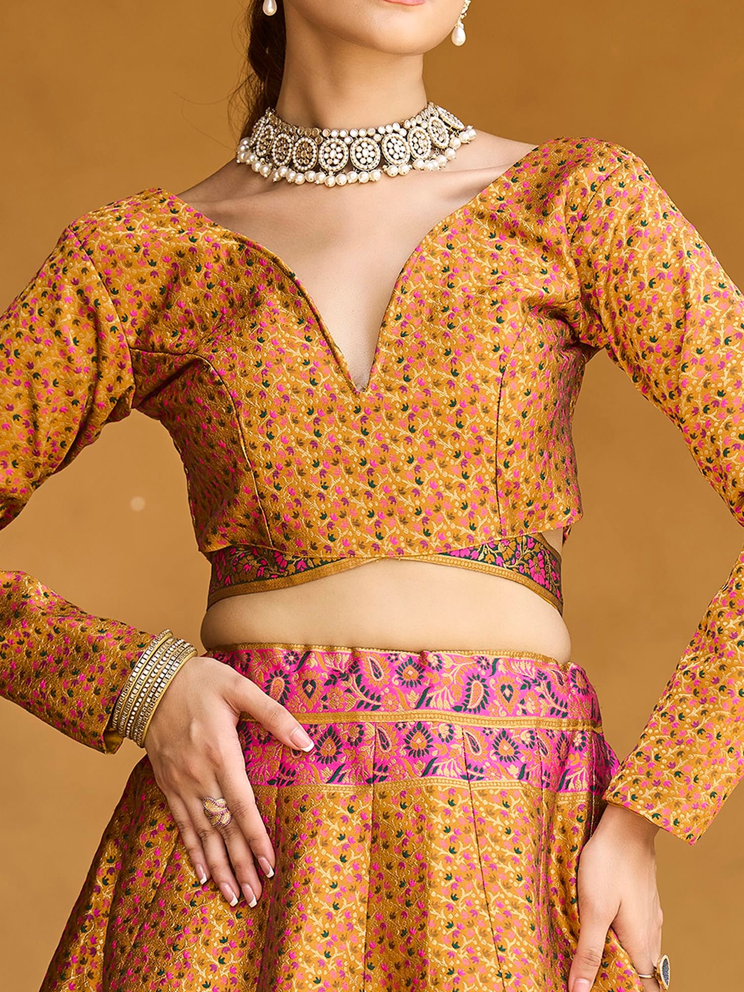 Women's Kanjiwaram Semi-Stitched Lehenga choli (Zahira-Yellow_Free Size)