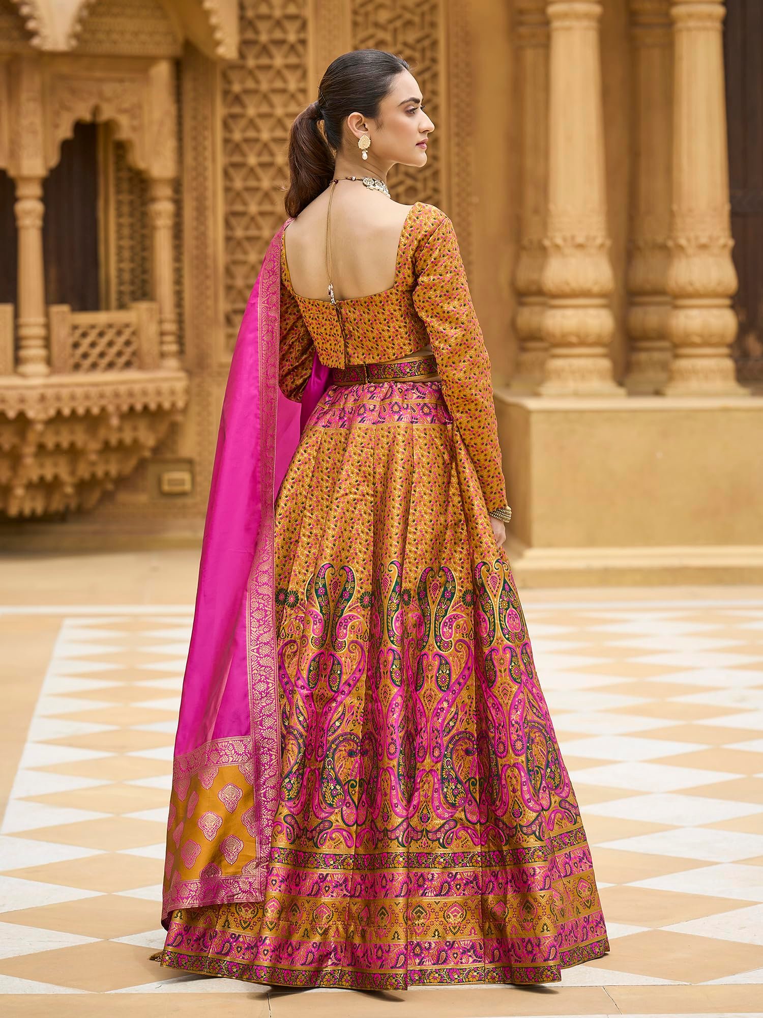 Women's Kanjiwaram Semi-Stitched Lehenga choli (Zahira-Yellow_Free Size)