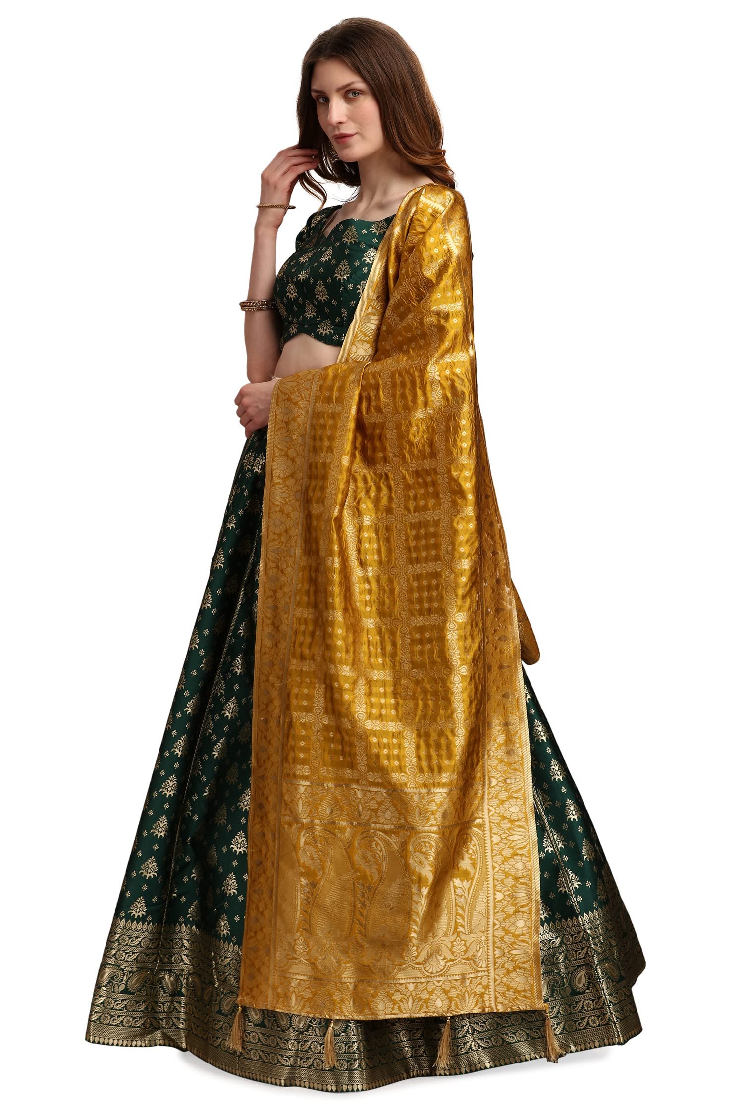 Women's Jacquard Semi-Stitched Lehenga choli (Trisha-D-Green_Green_Free Size)