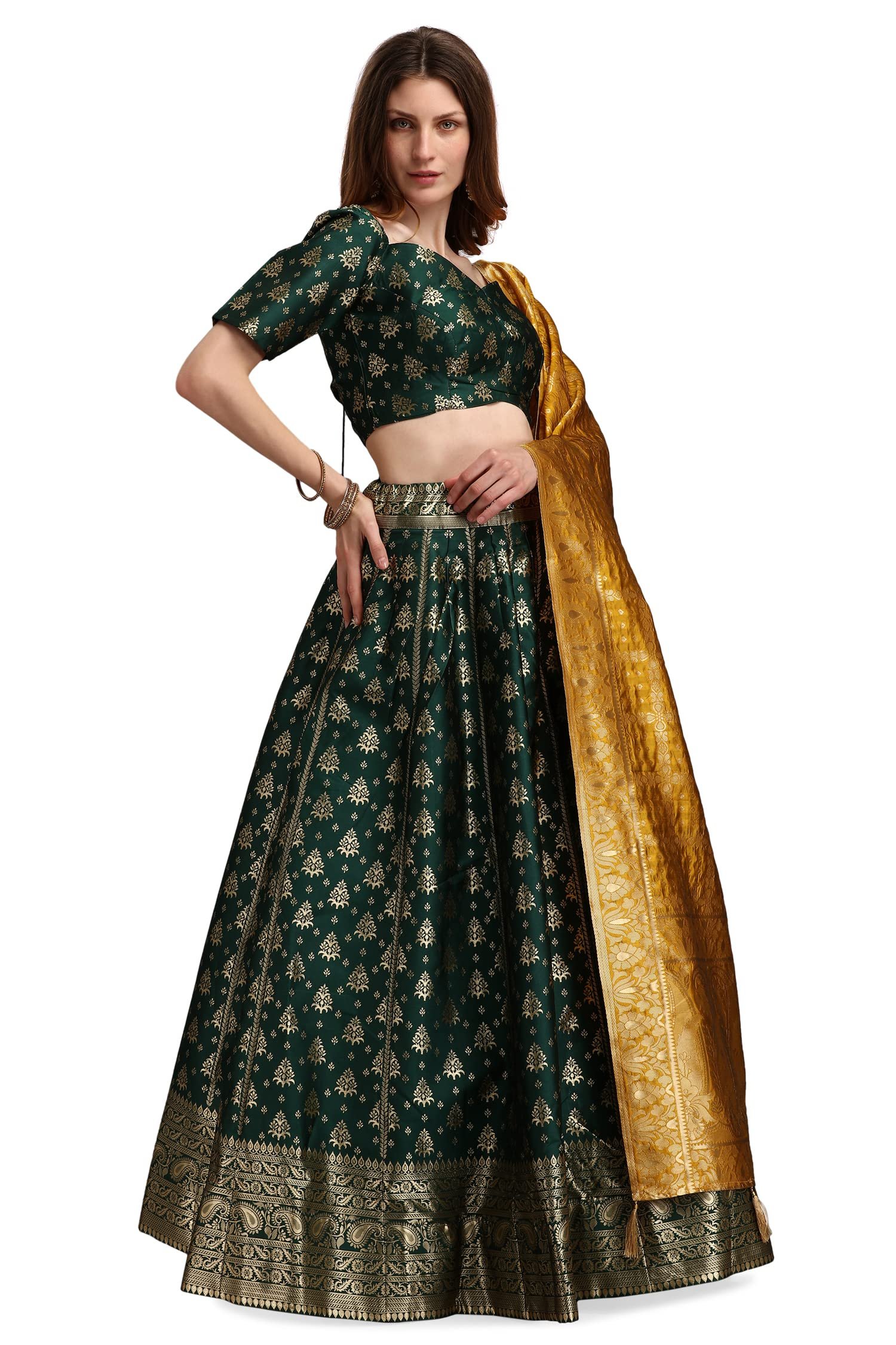 Women's Jacquard Semi-Stitched Lehenga choli (Trisha-D-Green_Green_Free Size)