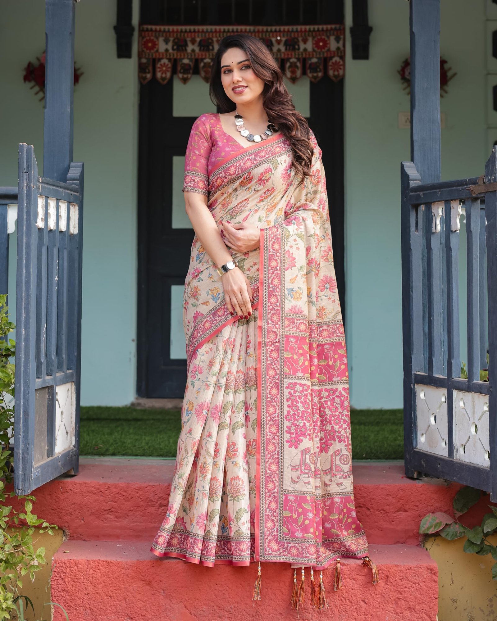 Traditional Cotton Silk Saree for Women with Floral Print, Pink Border, Tassels and Blouse Piece, Designer Saree, 5.5 Metres Off-White