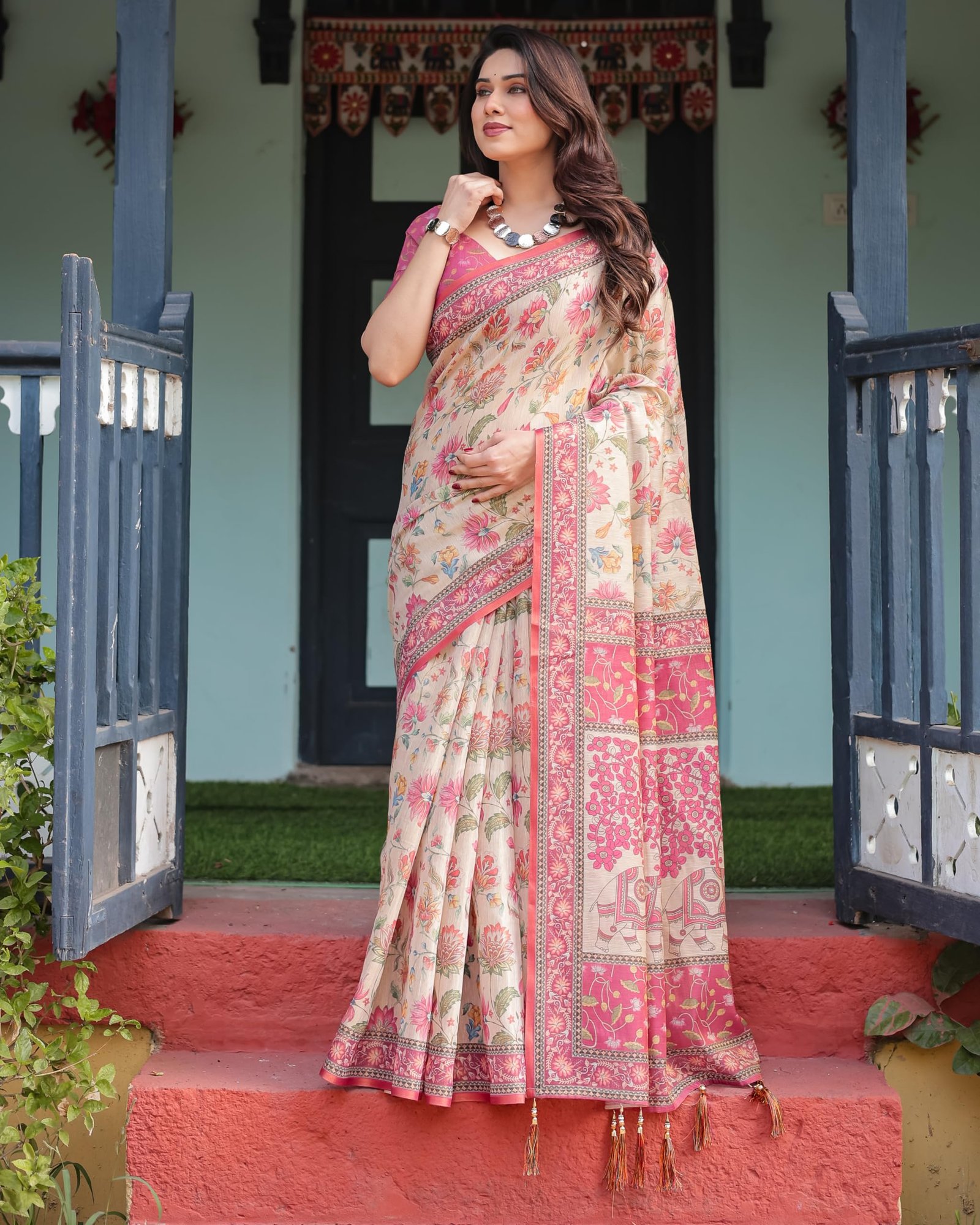 Traditional Cotton Silk Saree for Women with Floral Print, Pink Border, Tassels and Blouse Piece, Designer Saree, 5.5 Metres Off-White