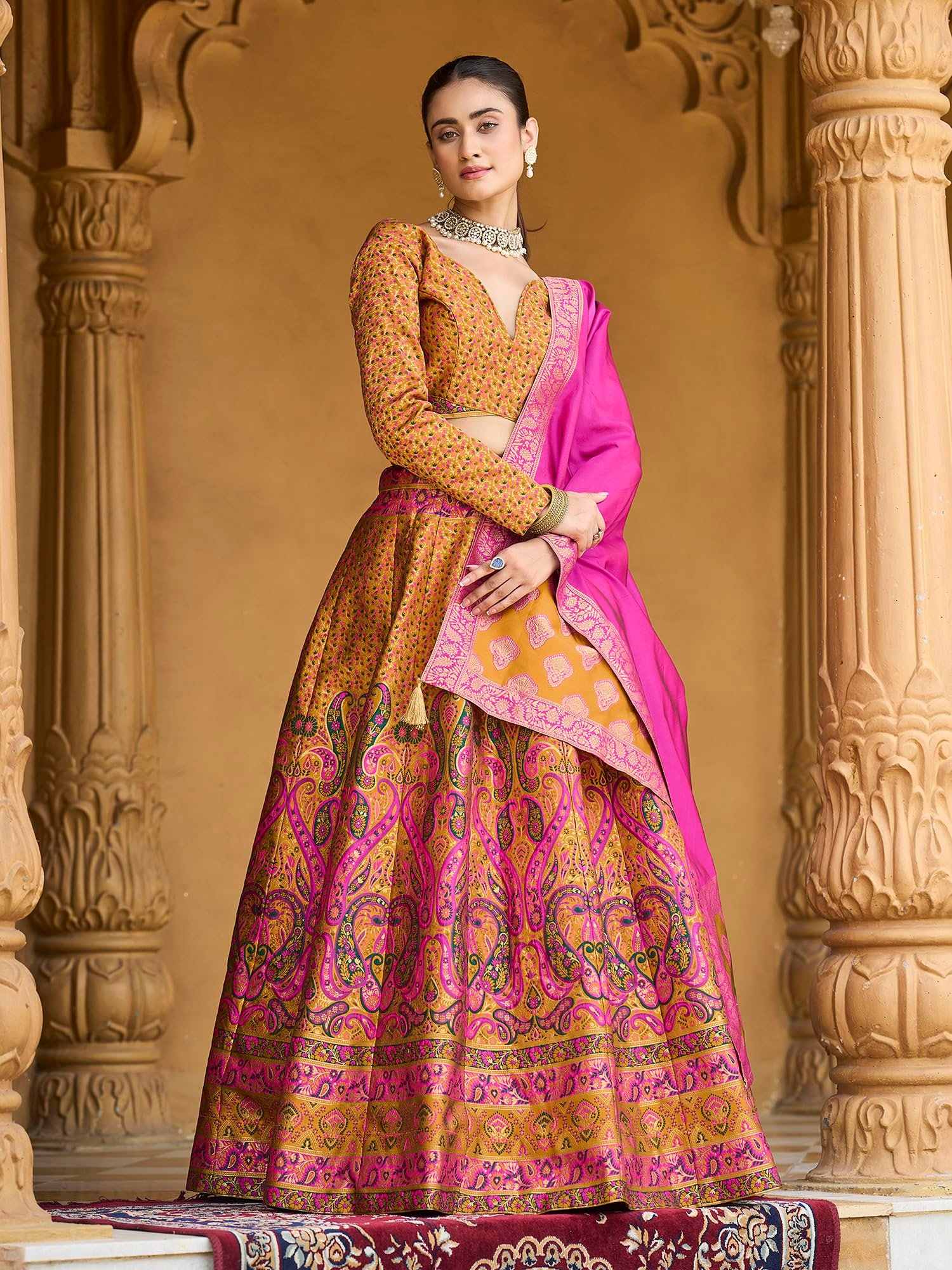 Women's Kanjiwaram Semi-Stitched Lehenga choli (Zahira-Yellow_Free Size)